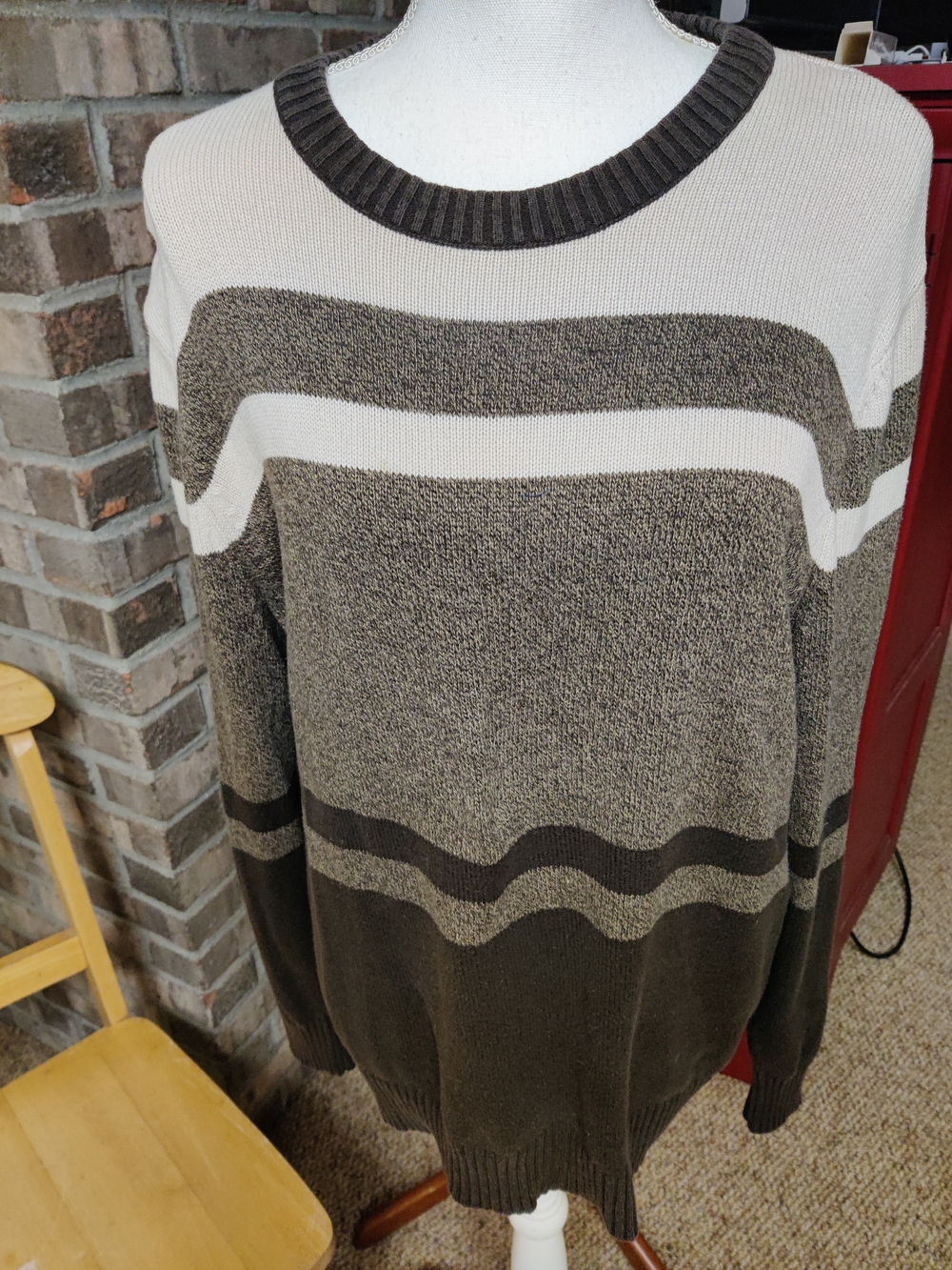 Dockers Brown and Cream Striped Crewneck Sweater, Large 100% Cotton